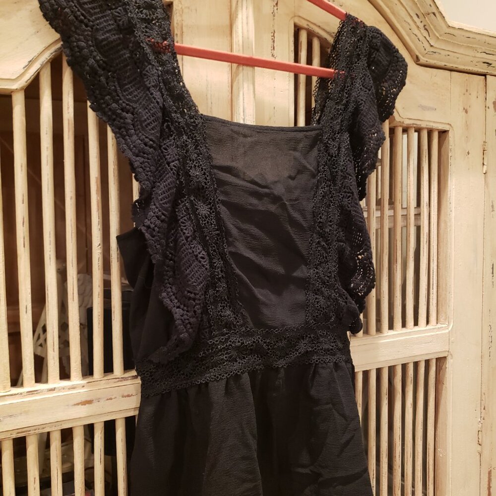 Twine and String Black Crochet Lace Top with Back Tie